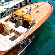 Riva Aquarama wooden boat docked in Italy, top view