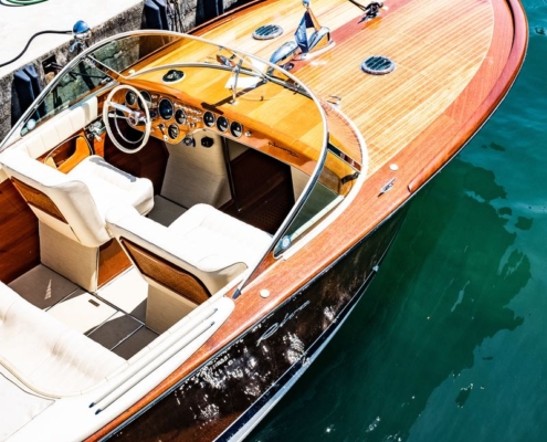 Riva Aquarama wooden boat docked in Italy, top view